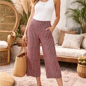 CAbi XS Geometric Wide Leg Crop Pants Red Navy High Rise Boho (flaw)